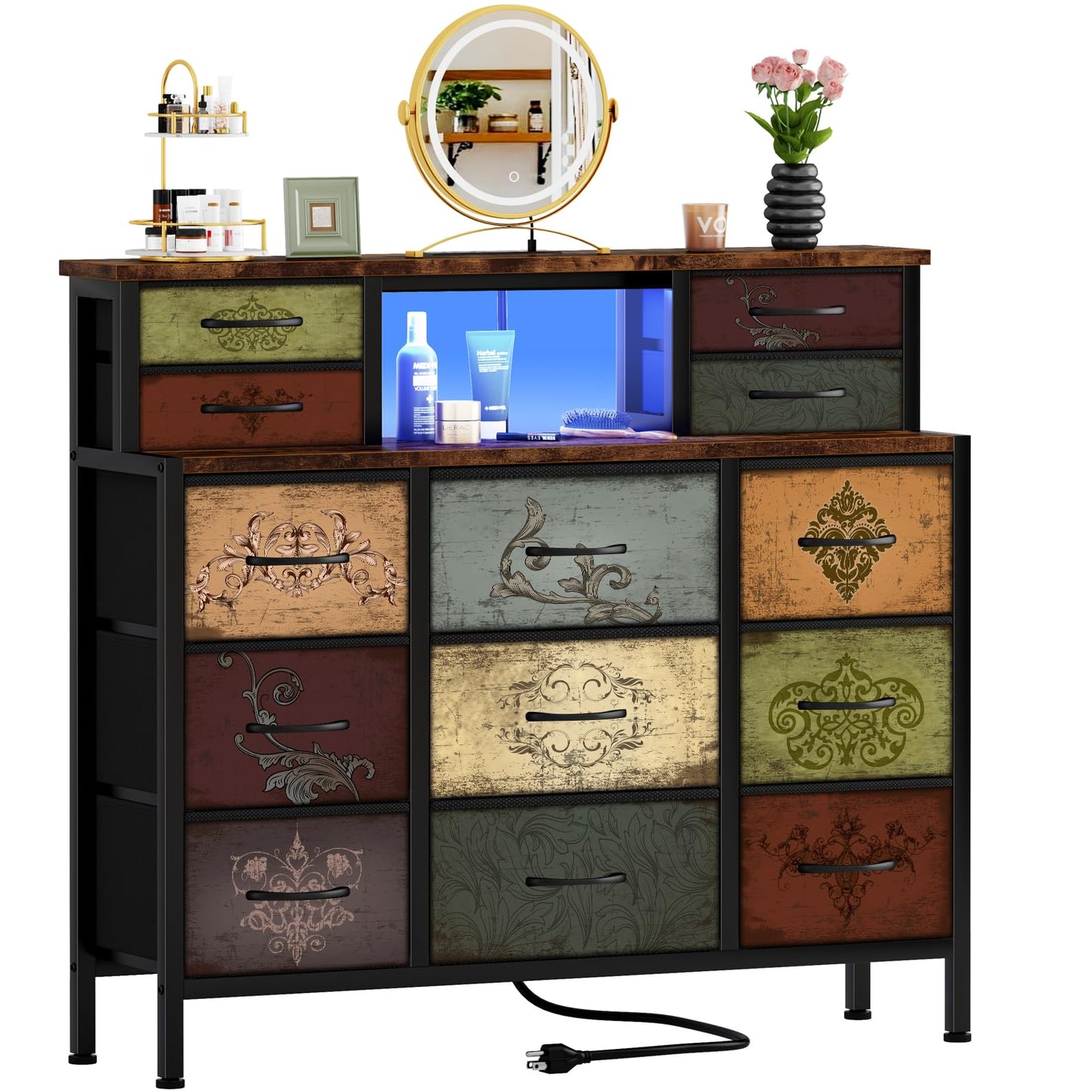 VASICAR Dresser for Bedroom with 13 Drawers 2 Open Shelves, Fabric Storage Dresser, Chest of Drawers, Pattern Organizer for Closet, Bedside, Living Room, Entryway, Hallway