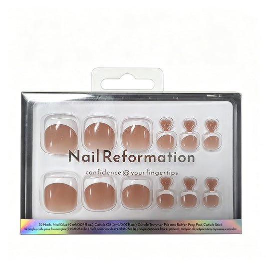 Nail Reformation Press On Toenails, Tan Lines | Nude Natural Short Square Fake Toe Nails with Crisp White French Tip, Reusable Toe Nail Kit for Summer Vacation - 32 Pcs / 16 Sizes, Gifts for Women