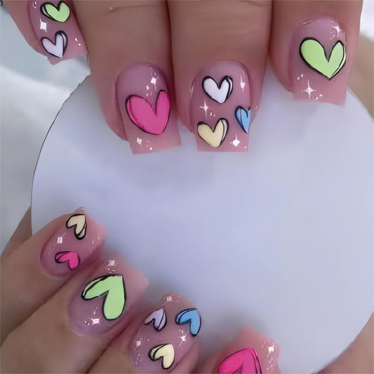 Rilafuvu Short Press on Nails Square Fake Nails Colorful Heart Short Glue on Nail with Design Square False Nails Pink Full Cover Acrylic Nails 24Pcs Stick on Nail for Women Girls