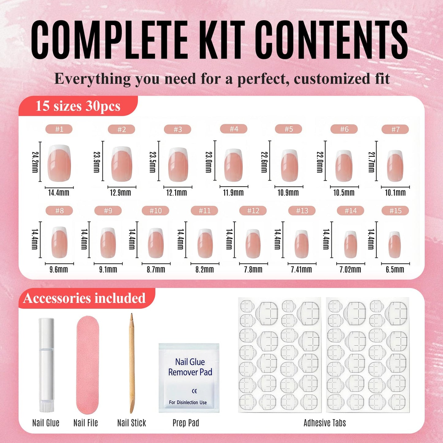 Bioday French Tip Press on Nails Short Square, Soft Gel Glossy Fake Nails Press on w/Glue, 30Pcs Reusable Stick on Nails in 15 Sizes, Salon Quality False Nails for Women Spring Summer Vacation Gift