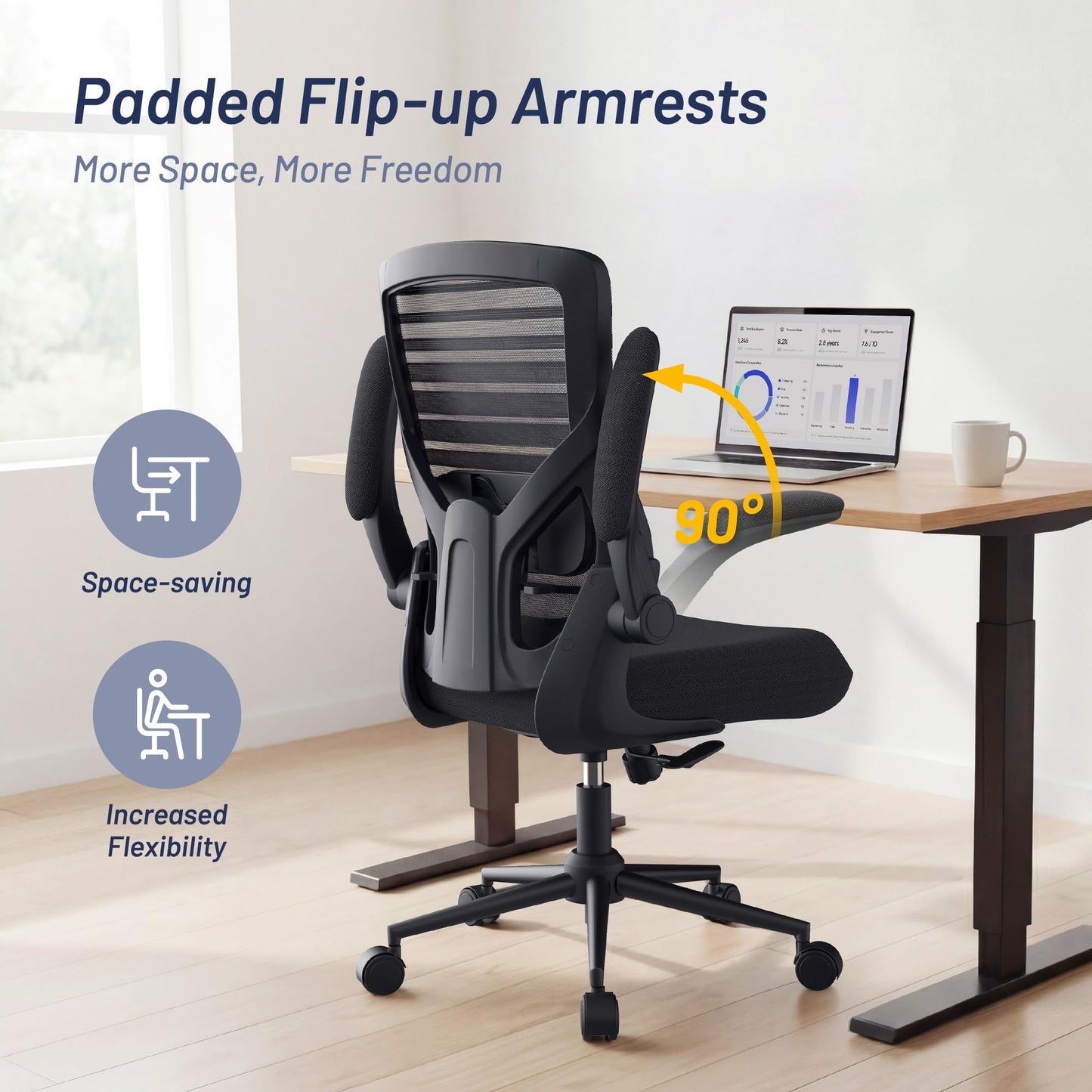 QLTPLUS Office Desk Chair for Long Hours & Lower Back Pain Relief – 4“ Thick Molded Foam Cushion, Enhanced Lumbar Support, Padded Flip-up Armrests, New Year Workspace Upgrade, Black