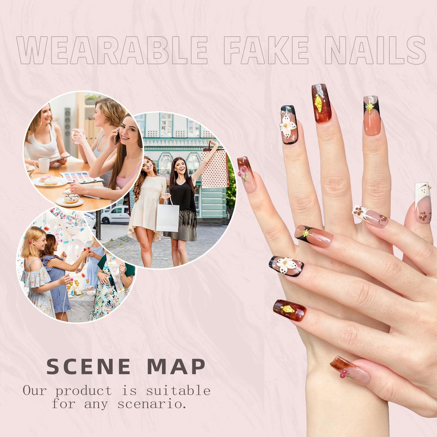 Handmade Long Square Press On Nails - 3D Flower & Cherry French Design, Reusable Acrylic Full Cover Nails (M-10PCS)