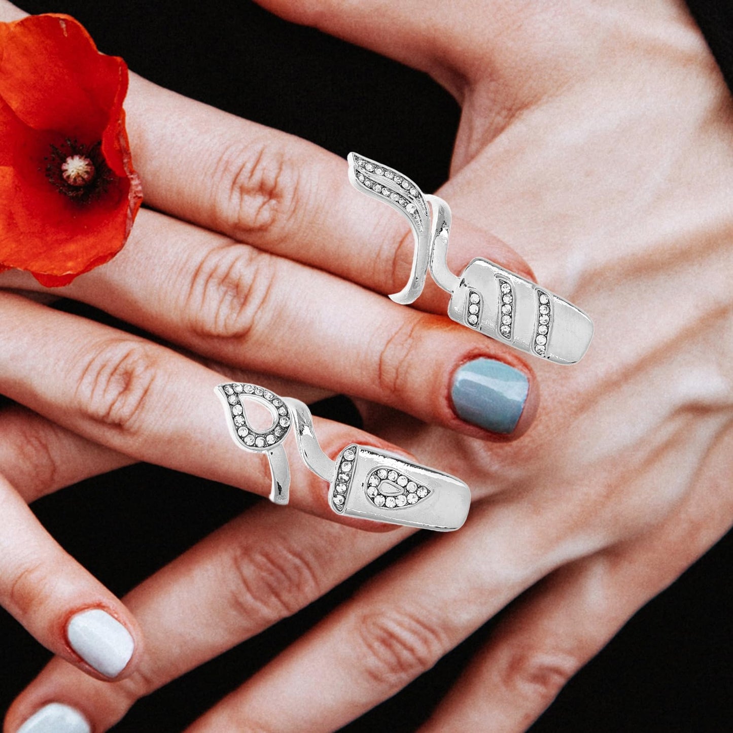 FRCOLOR 12Pcs Nail Rings with Rhinestone Metal Finger Rings Nail Decoration Fingernail Glitter Rings Nail Cover Ring Finger Patch Nail Jewelry
