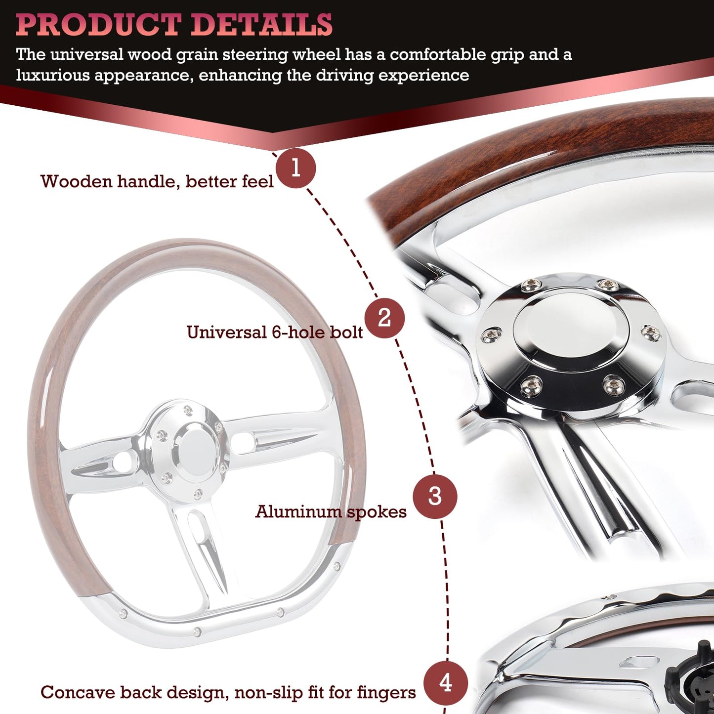 Fanower 14Inch Wood D-Shape Universal Steering Wheel - Chrome-Plated Aluminum Alloy 3 Spokes 6 Holes 50mm Deep Dish for Racing Car Classic Car Vintage Car 350mm Universal Wood Grain Steering Wheel
