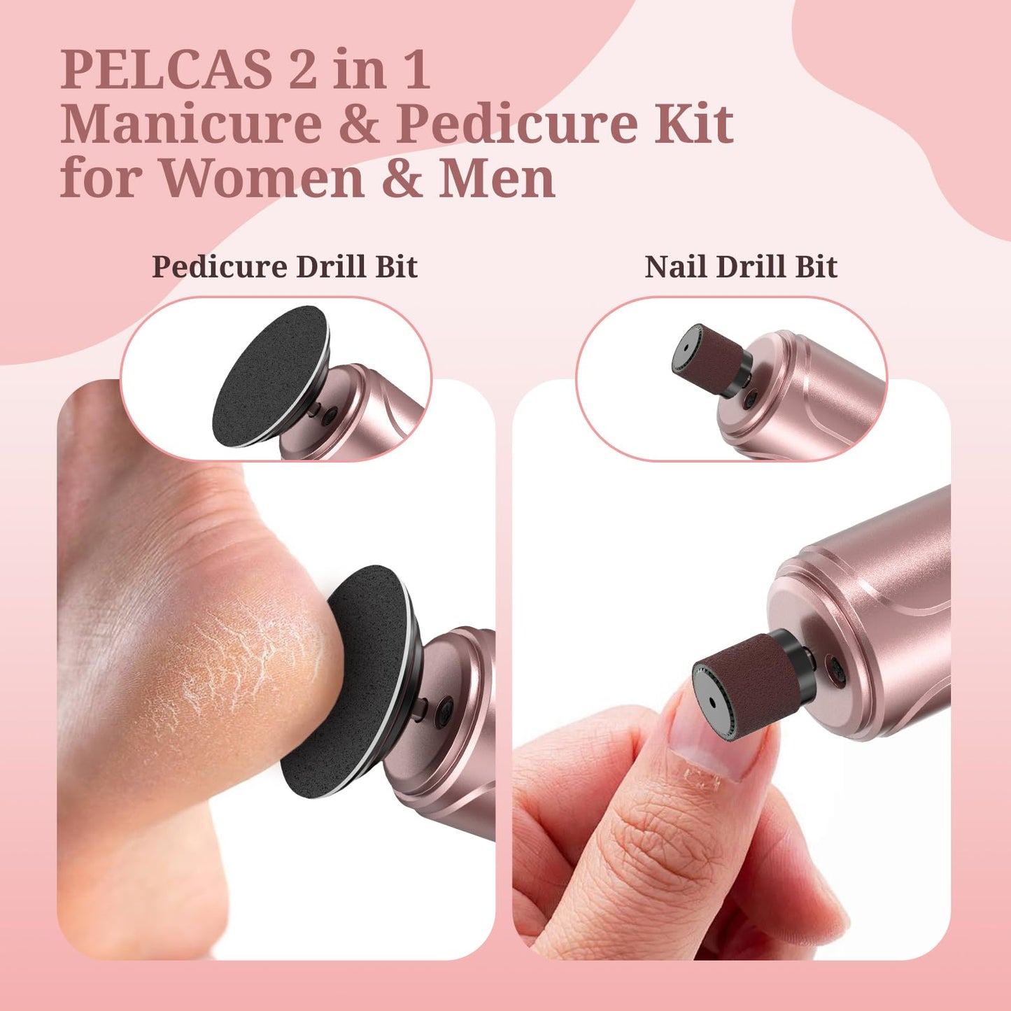 PELCAS Electric Foot Callus Remover with LED Screen, 2 in 1 Manicure & Pedicure Kit, 100 PCS Sandpapers Electric Foot File for Women & Men, Cordless Feet Filer for Foot Callus, Thick Nails Pink
