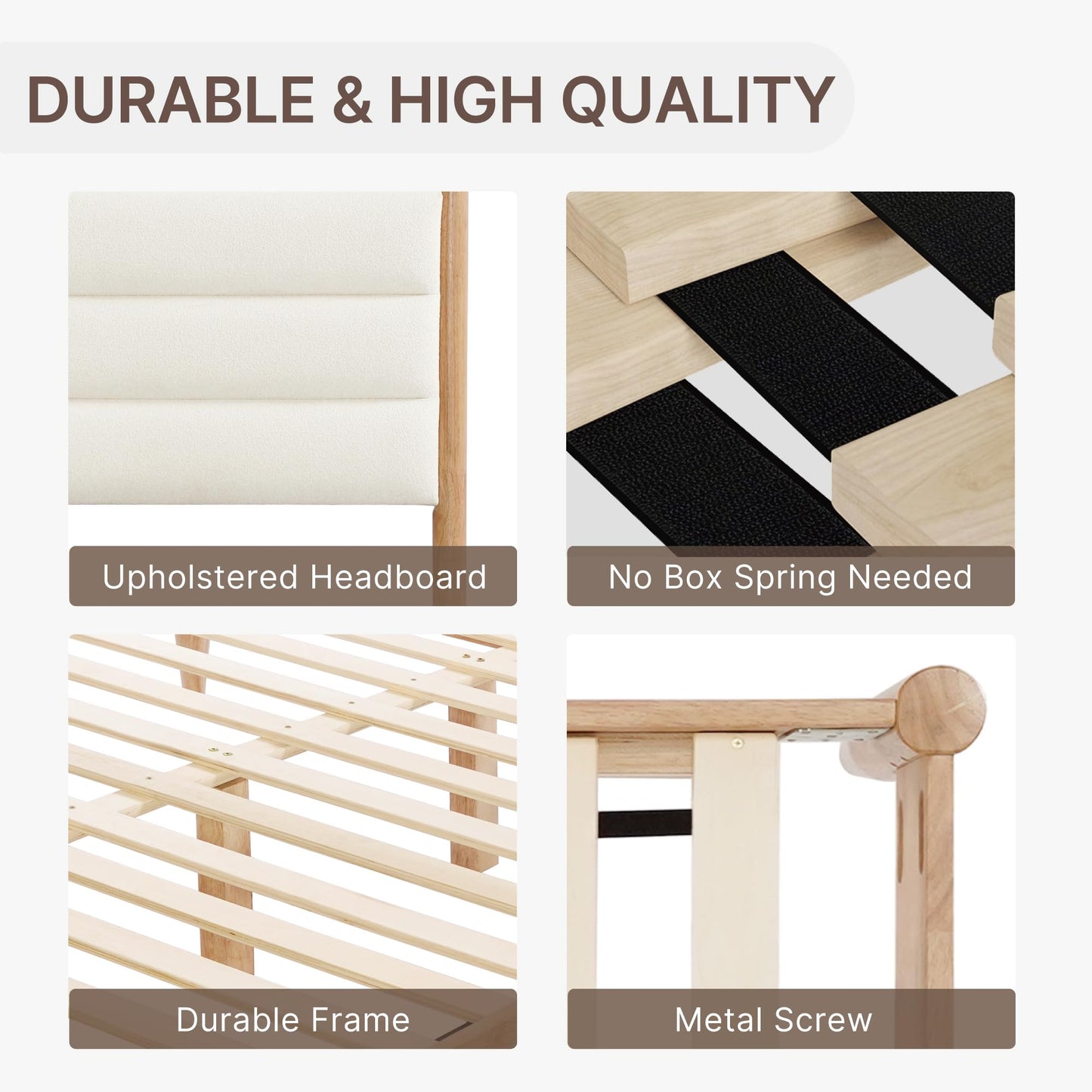 KISLOT Wood Bed Frame with Upholstered Headboard Wooden Platform with Silent Slat Support Mattress Foundation No Box Spring Needed, Easy Assembly