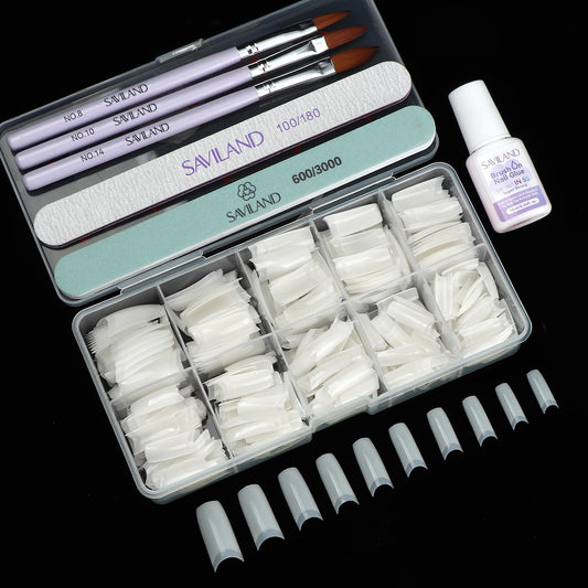 SAVILAND Acrylic Nail Tips with Acrylic Nail Brush: 10 Sizes Half Cover French Nails Tips Manicure Brush Size 8/10/14 for Acrylic Powder Nail Kit with Box Art At Home DIY