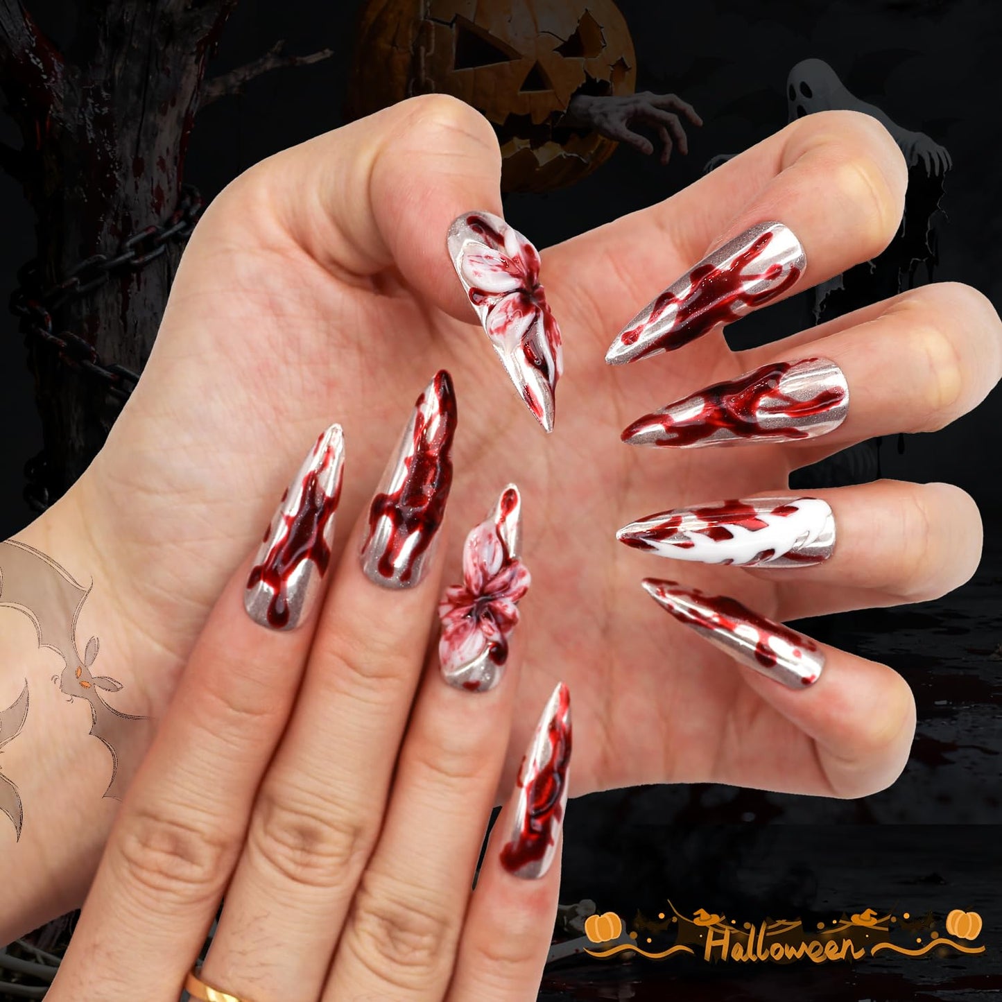 Yacey Halloween Handmade Press on Nails Long Stiletto, Reusable Muti-Gel False Nails Press Ons, Horror Blood Design Thick Acrylic Fake Nails, 3D Flower Glossy Glue on Nails for Women Girls (10 Pcs, S)