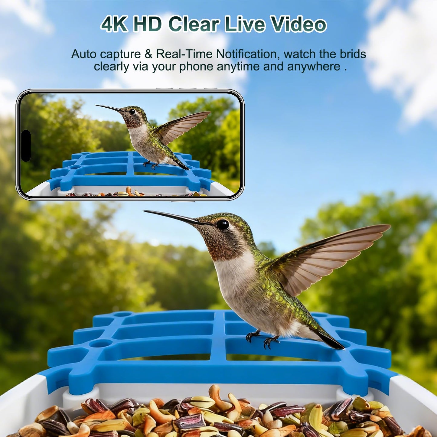 Smart Bird Feeder with Camera Solar Powered, AI Bird Identification for 10000+ Species, 4K HD Live Video & Instant Alerts, USB Charging, 2.4GHz WiFi Bird House, IPX7 Waterproof for Garden (Green)