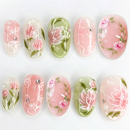 24Pcs Pink Flower Press on Nails Short Ellipse Spring Fake Nails with White Lines Butterfly Design Cute Acrylic Nails Green Leaf False Nails Rose Floral Glue on Nails for Women Spring Summer Manicure