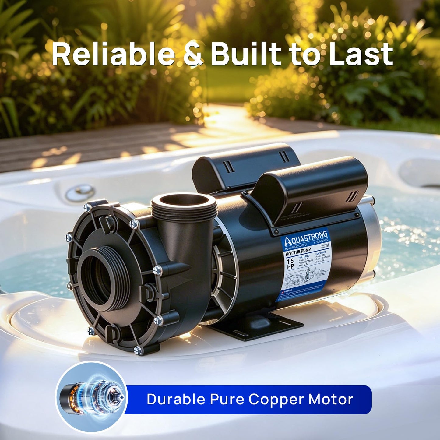 Aquastrong SPA Pump, Dual Speed Hot Tub Pump, Pure Copper Motor, Low Noise, Easy Installation with 1.5" & 2" Adapters, 90° Rotating Inlet & Outlet, Compatible with Hot Tubs & Spa Systems, Matte Black
