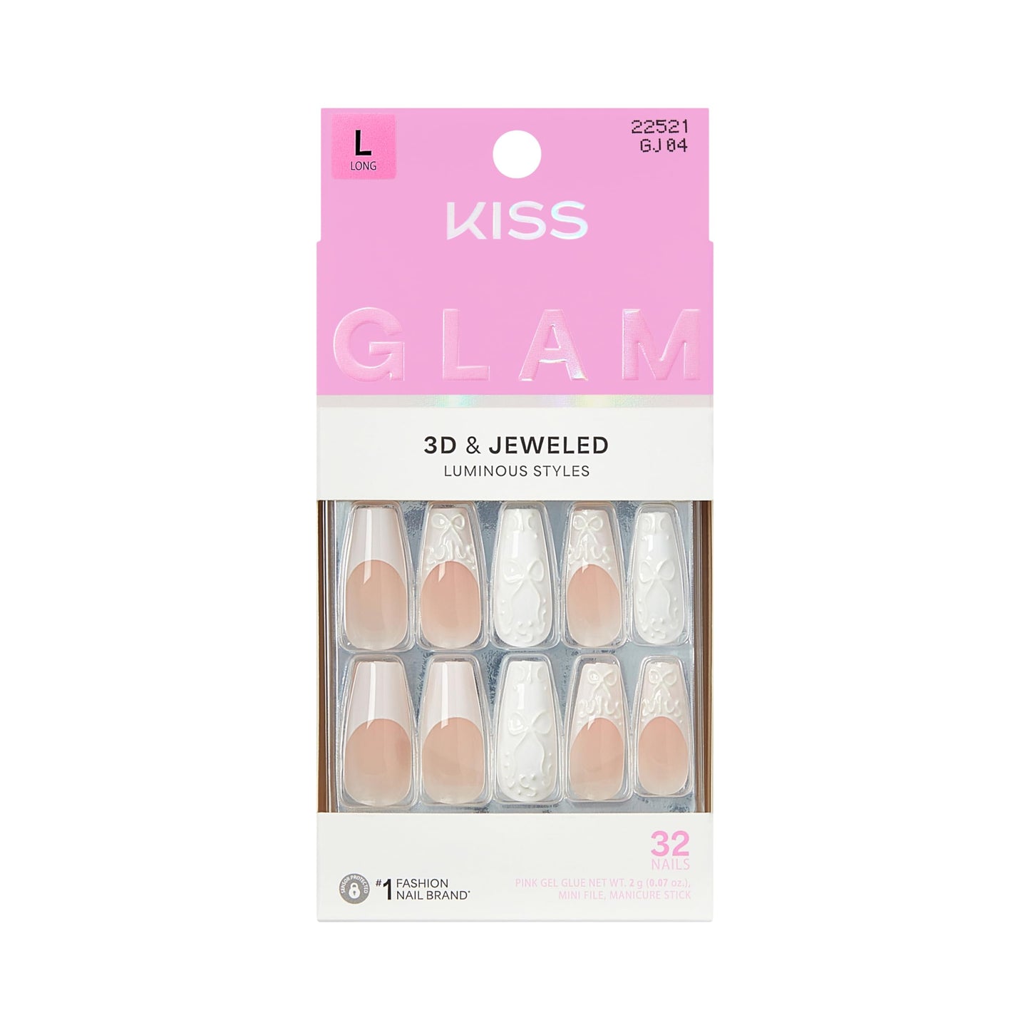 Kiss Glam, Press On Nails, Nail glue included, 'Breath of Harmony', White, Long Size, Coffin Shape, Includes 32 Nails, 2g Glue, 1 Manicure Stick, 1 Mini File