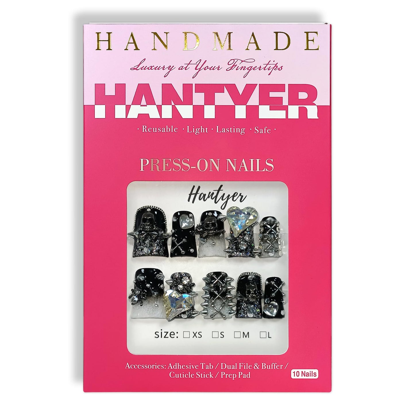 Hantyer 10pcs Short Duck Nails in Punk Style, Black Ombre Press on Nails with Metal Studs, Large Heart Rhinestones & Skull Charms, Reusable Gothic False Nails for Women Party Club Night (Size M)