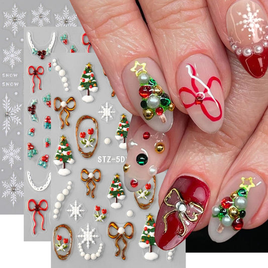 3pcs Christmas Nail Art Stickers 5D Embossed Nail Decals White Snowflakes Christmas Tree, Bow, Holly Adhesive Nail Stickers Snow with Rhinestones Design Xmas Nail Supplies Manicure Accessories