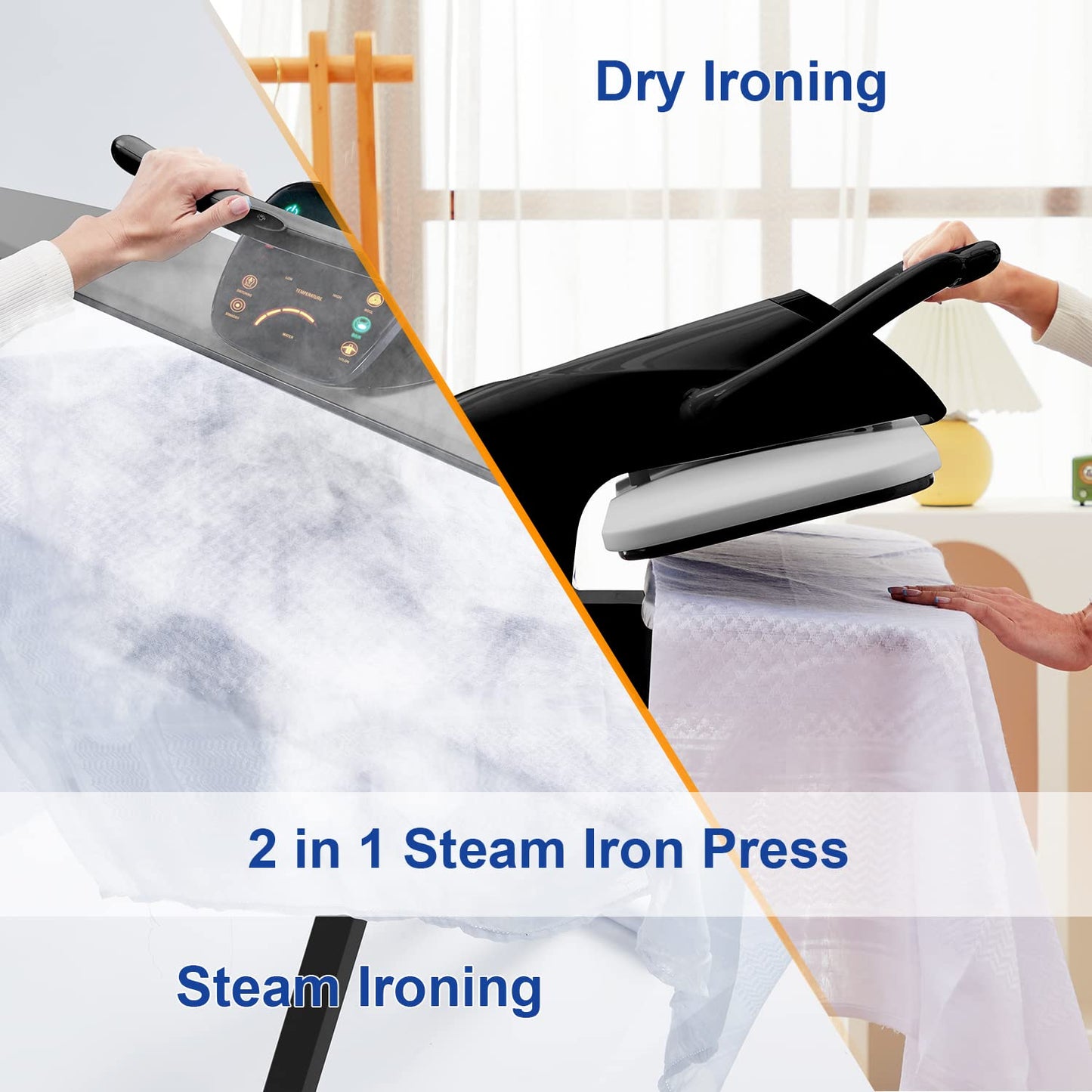 34" Large Steam Iron Press with LED Touch Screen, 1800W Steam Press with 5 Fabric Settings Language Conversion and Voice Prompts, Iron Press with Spray Bottle and Press Pad for Home Business