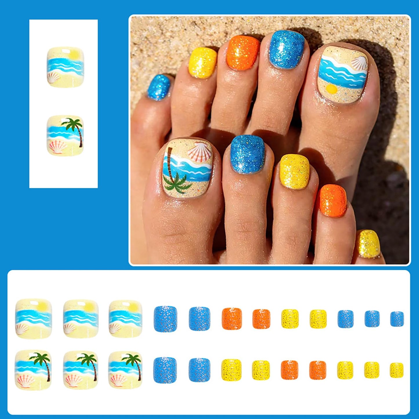 Summer Beach Press on Toenails,Short Square Fake Toenails with Coconut Trees Shells Designs Colorful Glitter Toe Nail Press Ons Full Cover Acrylic Glossy Stick on Toe Nails for Women 24Pcs