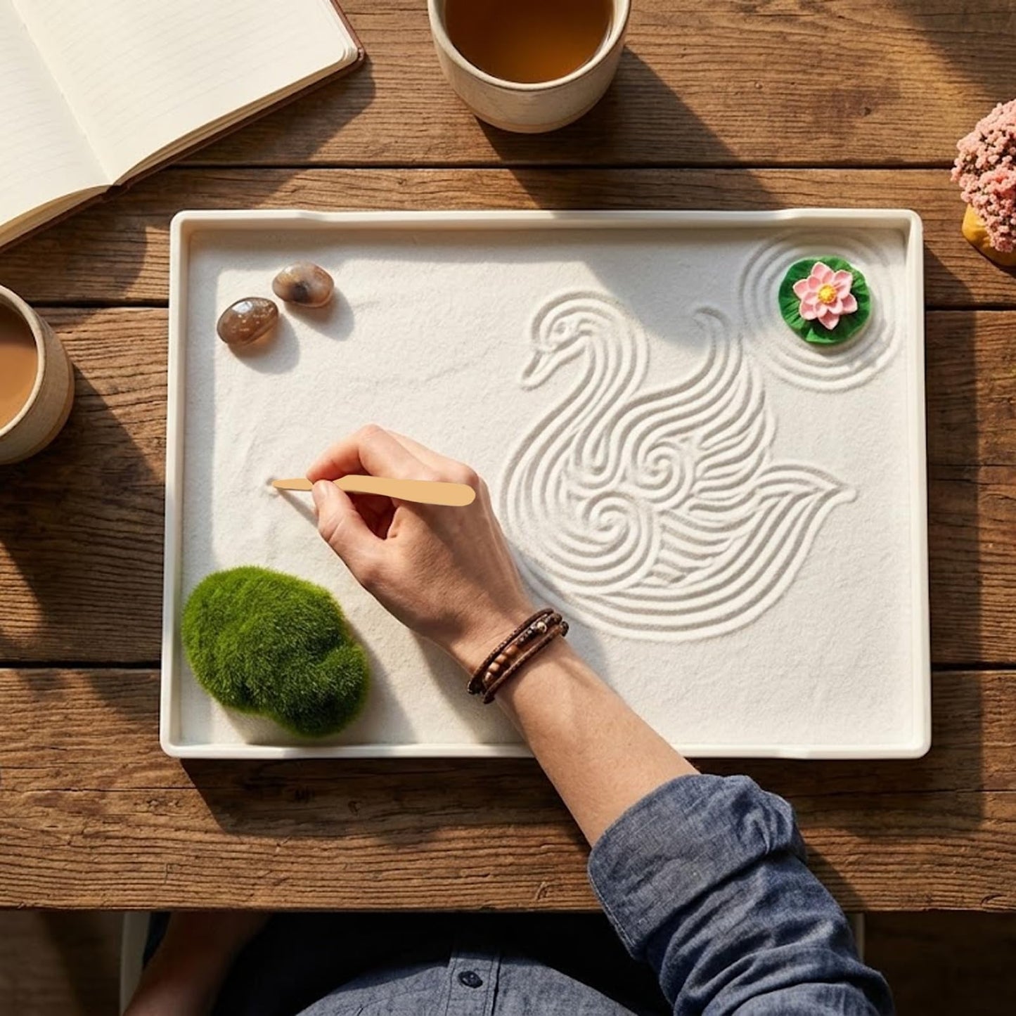 Akisola Zen Garden for Desk, Swan Lake Decor, Sand Tray Therapy Kit for Office - Mini Japanese Décor Sand Garden, Meditation Anxiety Relief, Office Desk Decor & Relaxation Gift (White)