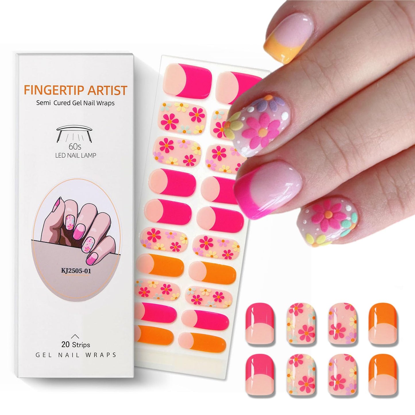 Semi Cured Gel Nail Strips French Tip Nail Stickers with Flower Designs Cute Glossy Gel Stickers Salon Quality & Easy to Use Need UV/LED Light for Women 20 Pcs