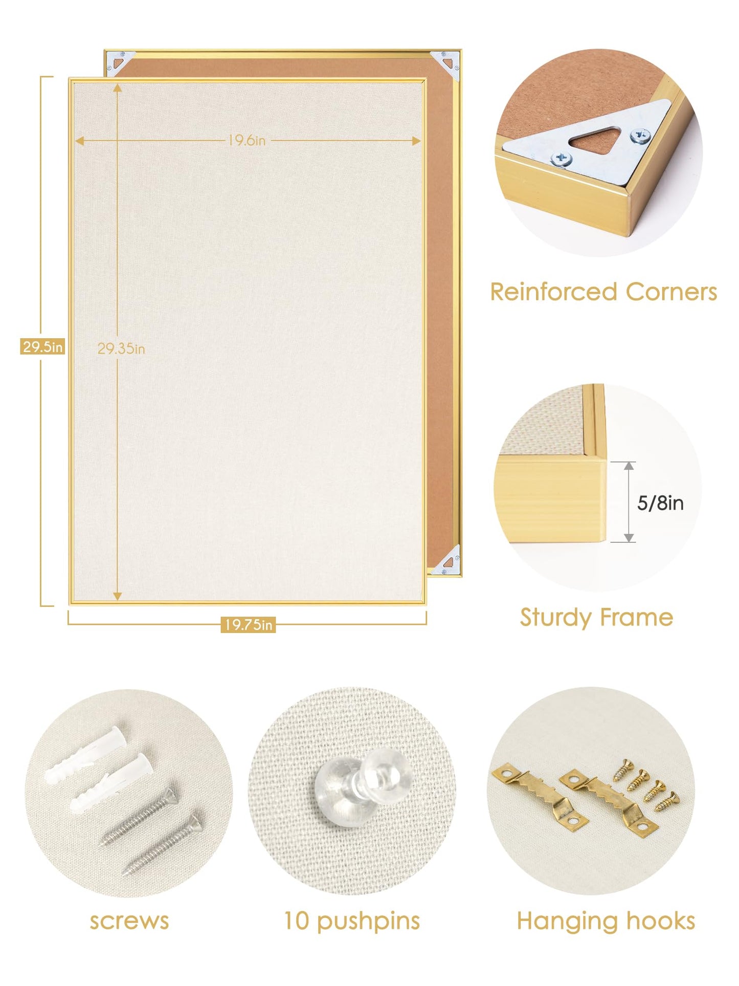 Lightomorrow Bulletin Board 30 x 20 inches, Oatmeal White Pin Board Vision Board, Golden Aluminum Framed Fabric Cork Board with 10 Push Pins