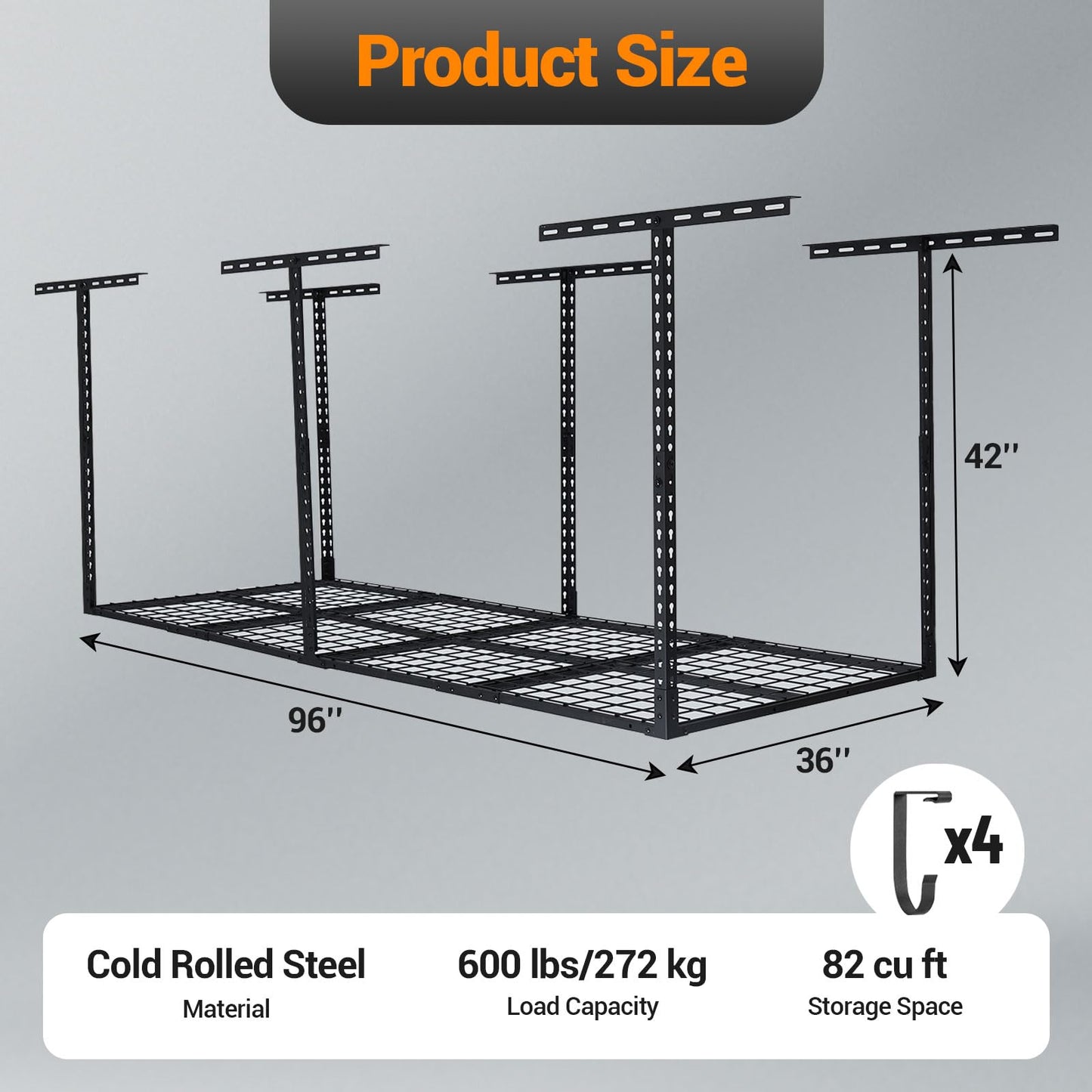 EliteEdge 【3x8 Ft丨600 LBS Capacity 】 Heavy Duty Garage Ceiling Storage Racks - Height Adjustable Overhead Garage Storage Rack Organization - Ceiling Mounted Storage Racks