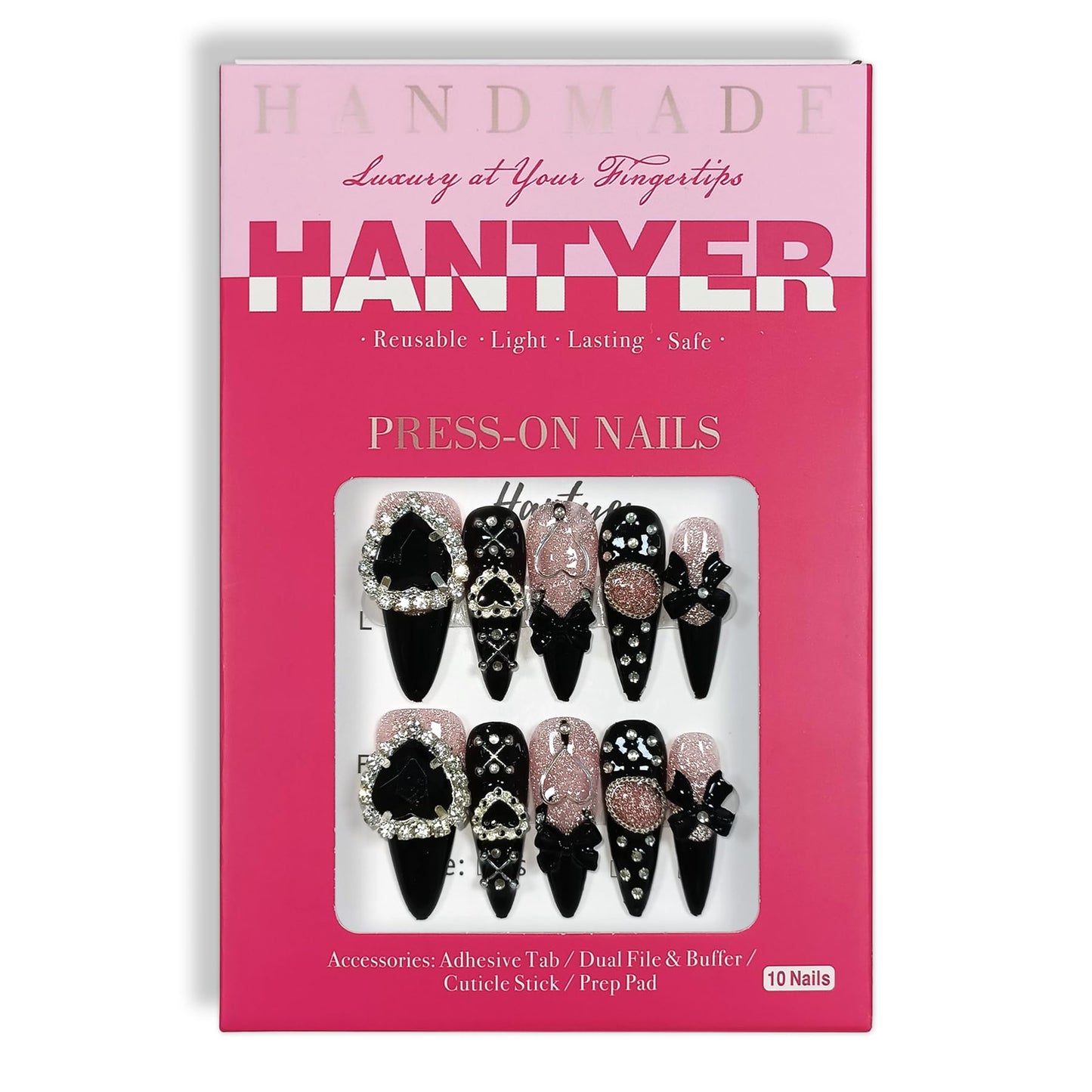 Hantyer Y2K Kawaii Goth Press on Nails with Tools Kit, Long Stiletto Glossy Black Nails, Pink Cat Eye with Black Heart Rhinestones & Bows, Edgy Cute Style for Concerts & Nightlife (Size L)