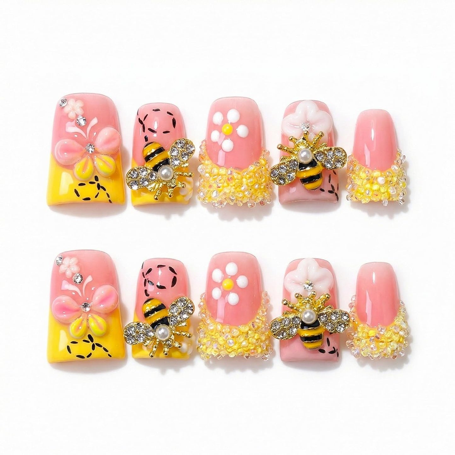 10 Pcs Duck Press on Nails Duck Handmade Acrylic Nail 3D Luxury Handmade Butterfly Bee Designs Rhinestone French Tip Fake Nails Flower Acrylic Stick on Nails Full Cover Thick False Nail for Women（M）