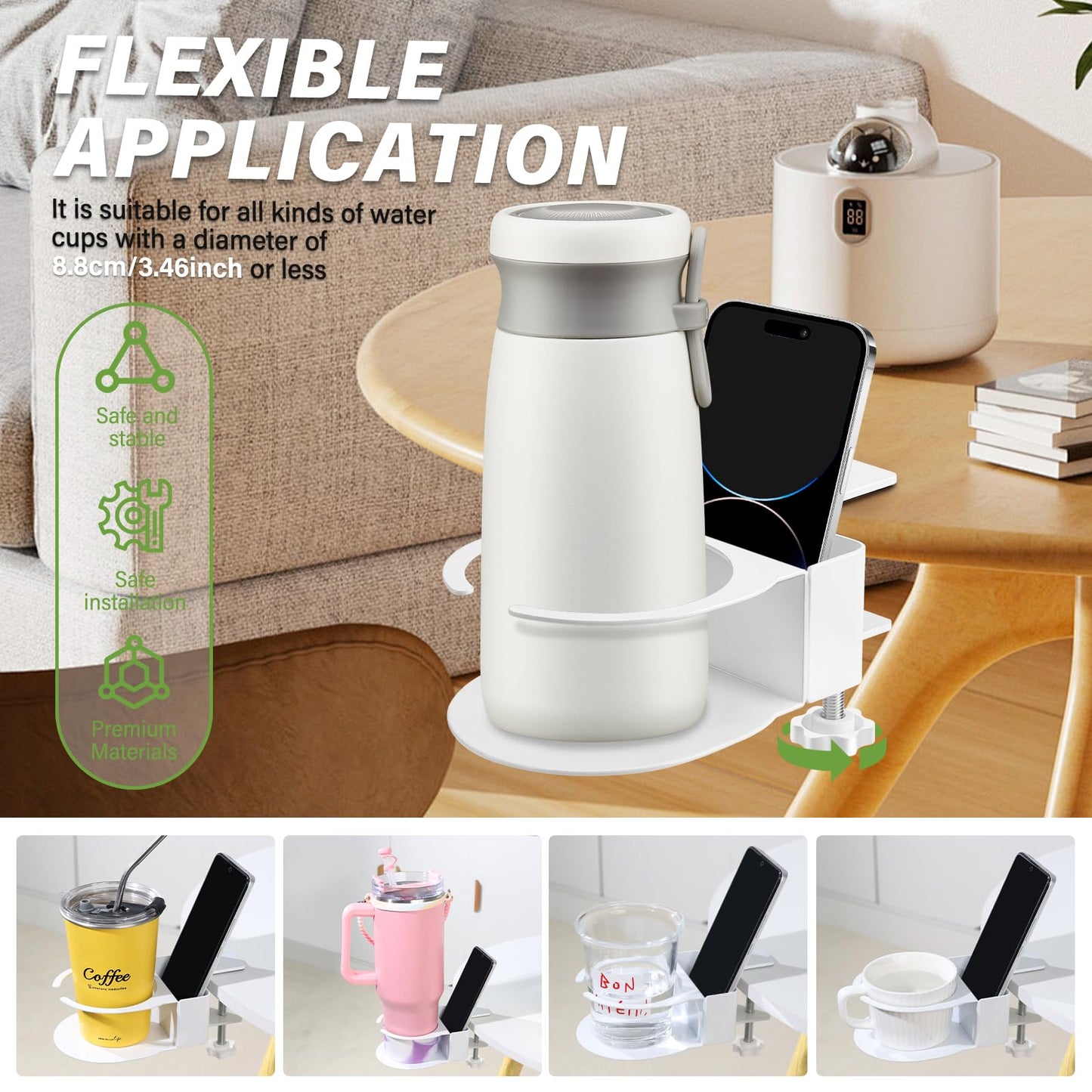 Desk Cup Holder for Coffee Mugs, Tumblers, Water Bottles with Mobile Phone Stand, Anti-Spill Metal School Home Office Accessories (White-1)