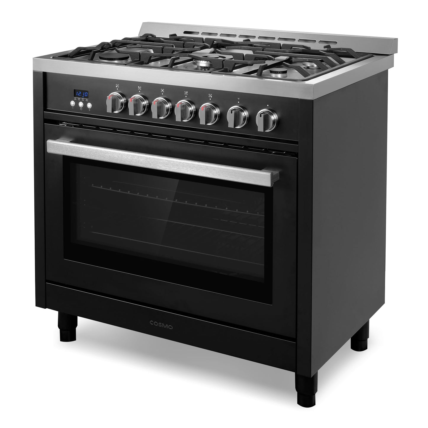 COSMO COS-965AGFC-BKS 36 in. Nebula Collection 3.8 cu. ft. Gas Range, 5 Burners, Rapid Convection Oven, Cast Iron Grates in Matte Black
