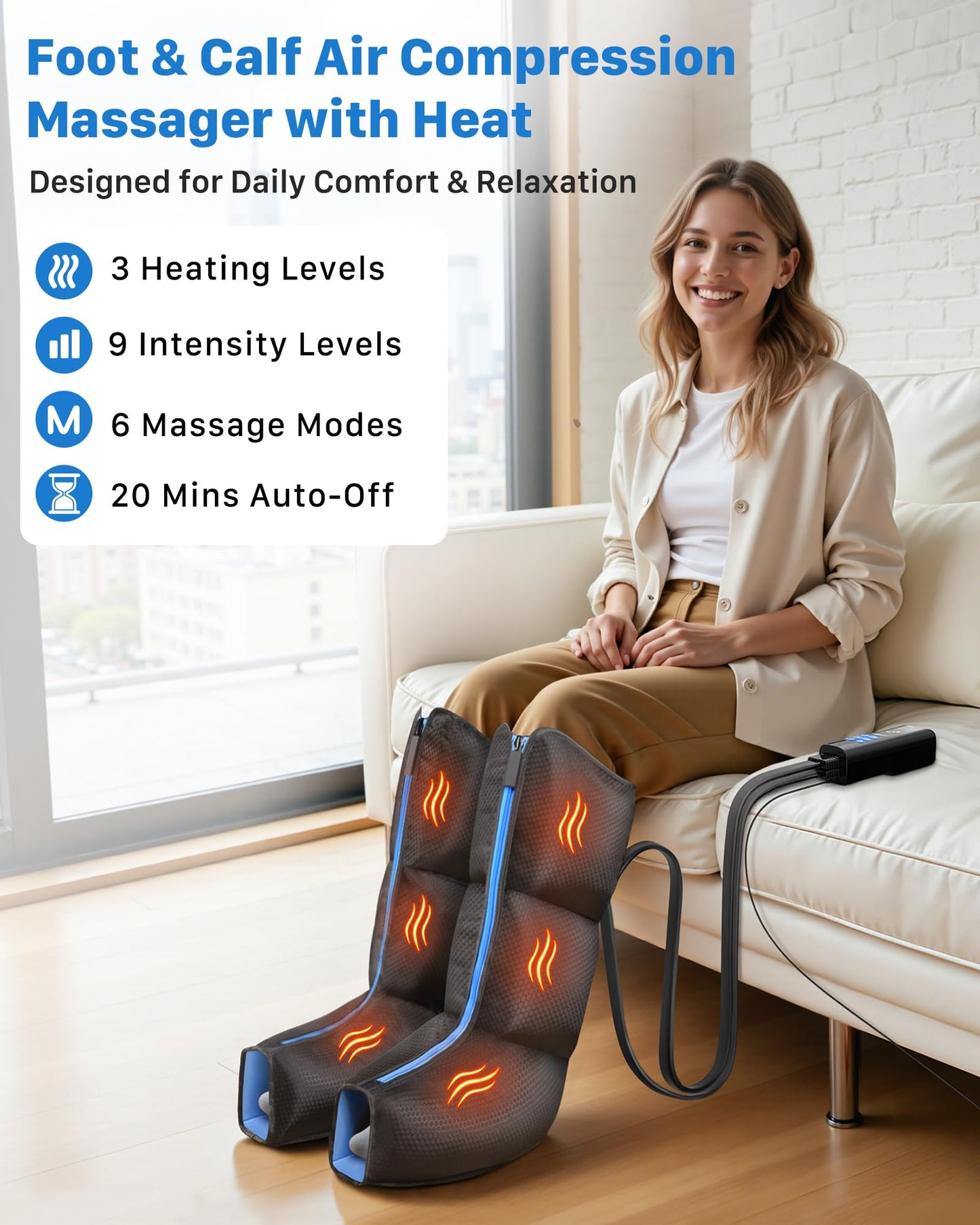 Air Compression Leg Massager with Heat : MUSUGY Sequential Foot and Calf Massager for Circulation and Pain Relief, with 9 Intensity, 6 Modes, 3 Heat - for Mom, Dad, Standing Jobs & Daily Relaxation