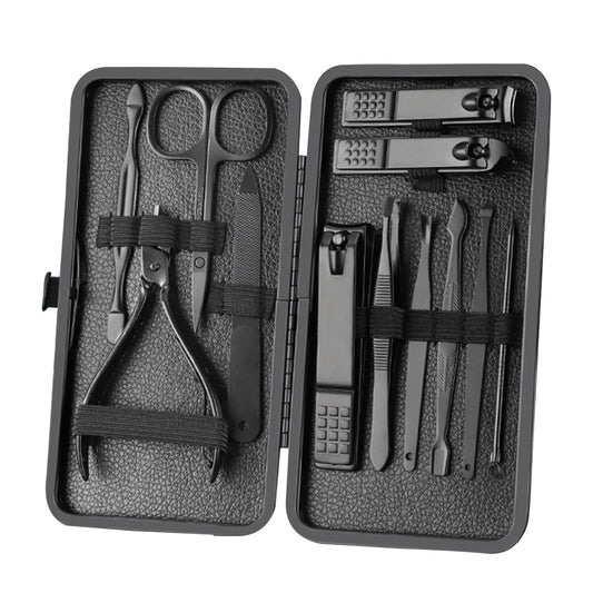 Manicure Set Nail Clippers Pedicure Kit -12PCS Stainless Steel Manicure Kit, Professional Mens Grooming Kits, Nail Care Tools with Luxurious Travel Leather Case Gift Box (12, Black)