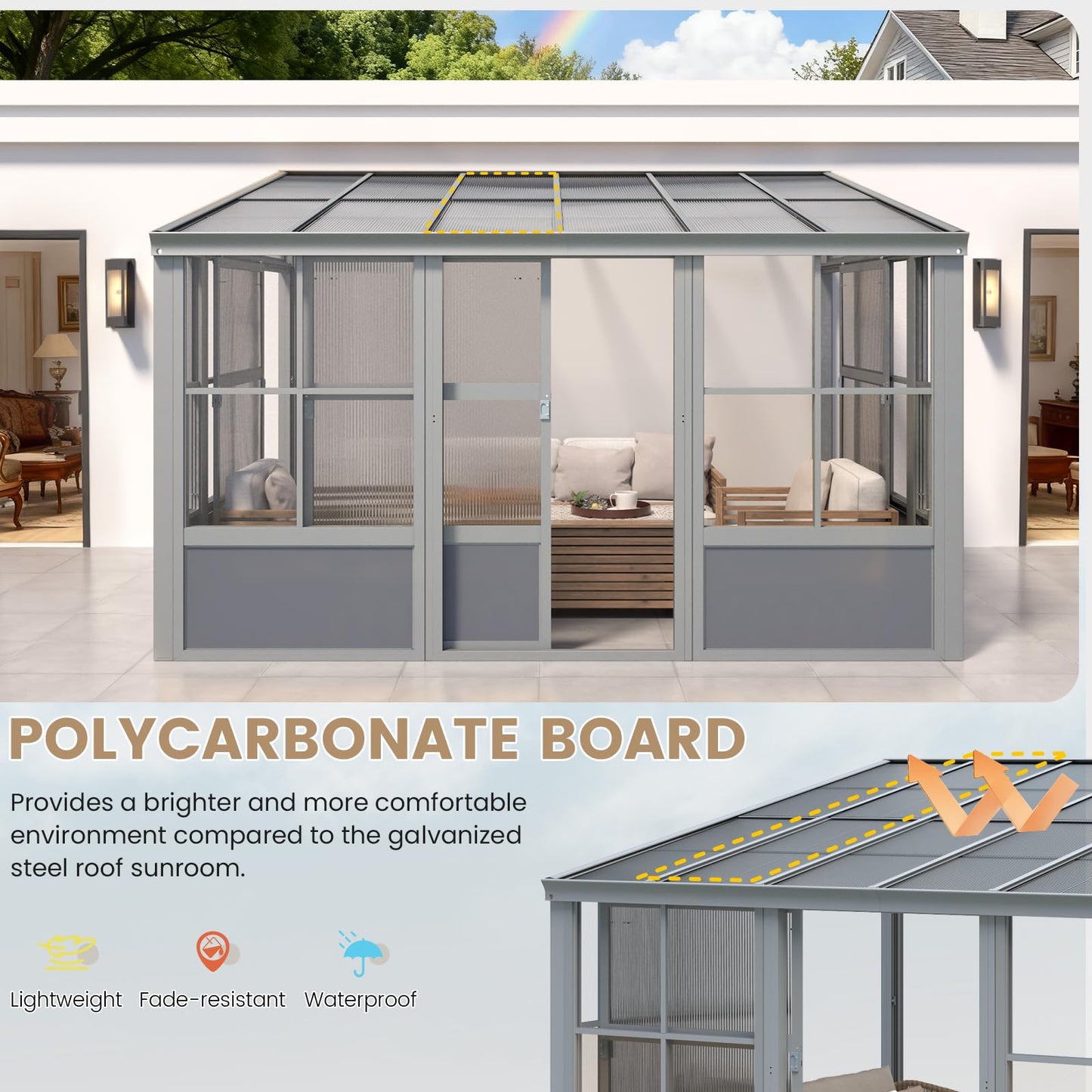 YOLENY 10x12 FT Wall Mounted Sunroom with Polycarbonate Sloping Roof, 3-Side Lockable Entrance & Removable PC Screen, Outdoor Permanent Sun Room Lean to Gazebo for Deck Patio, Grey