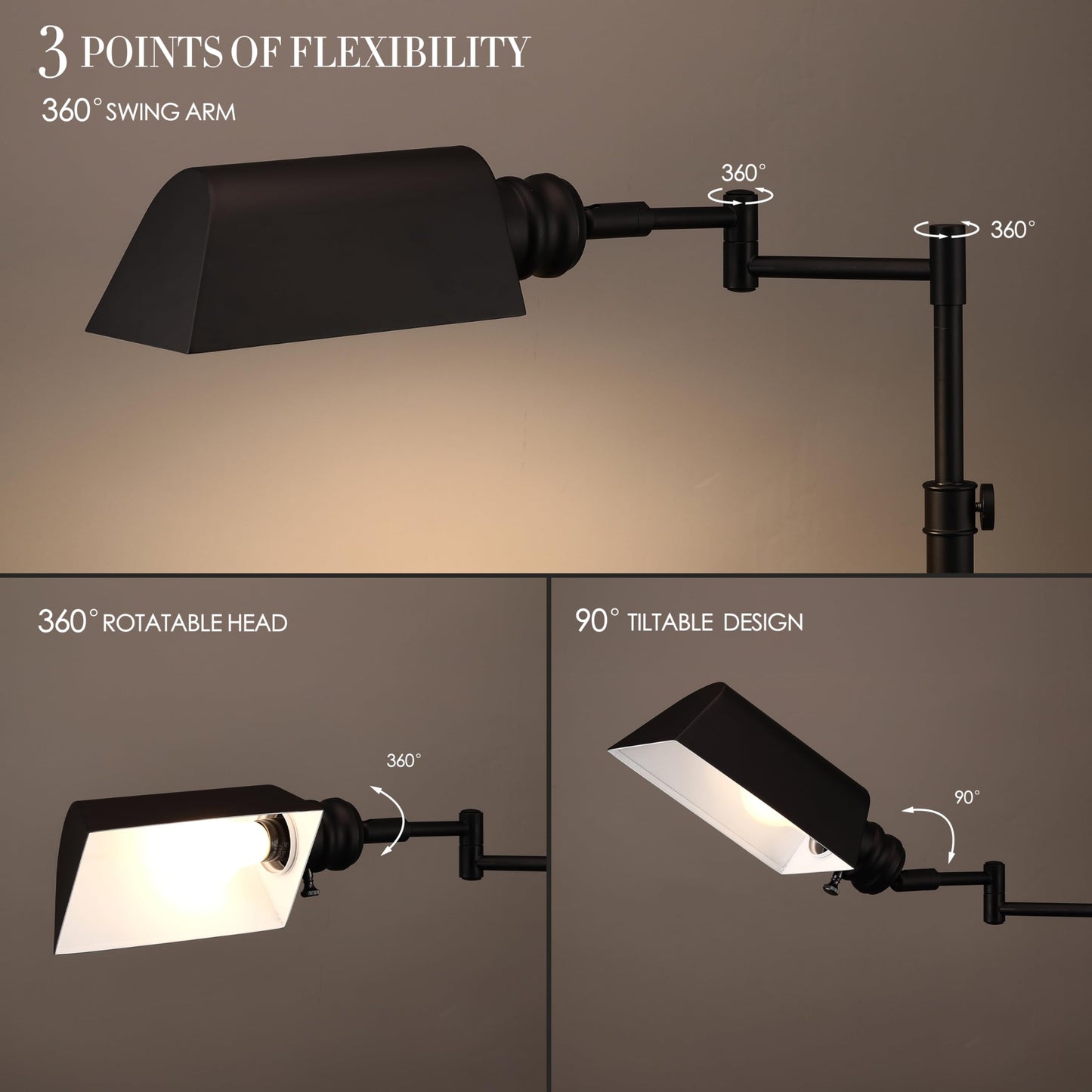 O’Bright Arcadia - Pharmacy Floor Lamp, Full Range Dimming, Swing Arm Task Lamp, E26 Socket, Bulb Replaceable, Adjustable Height 47” to 55”, 360° Rotatable Shade, All-Metal Design, Black