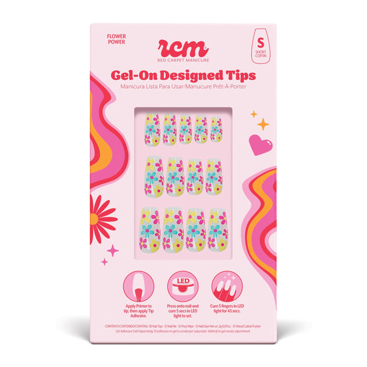 RC Red Carpet Manicure Gel-On Designed Tips - Full Coverage, Flexible, Break-Resistant, 21-Day Wear, UV/LED Cured Gel Adhesion for Natural Look (Flower Power Short Coffin)