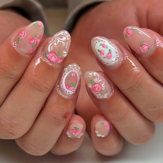 Spring Press on Nails Medium Oval Fake Nails Flower Nails Press ons with Pink Rose Design,Cute Reusable Artificial Nail Full Cover Stick on Nails for Women Manicure 24Pcs