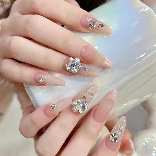 C.Z.Z.T.T.NAILS Press-On Nails for Women, 24 Pieces Fake Nails, Almond Shape with Jelly Glue,Pink French Style with Crystal Rhinestones and Glitter,Perfect for Gift or Parties