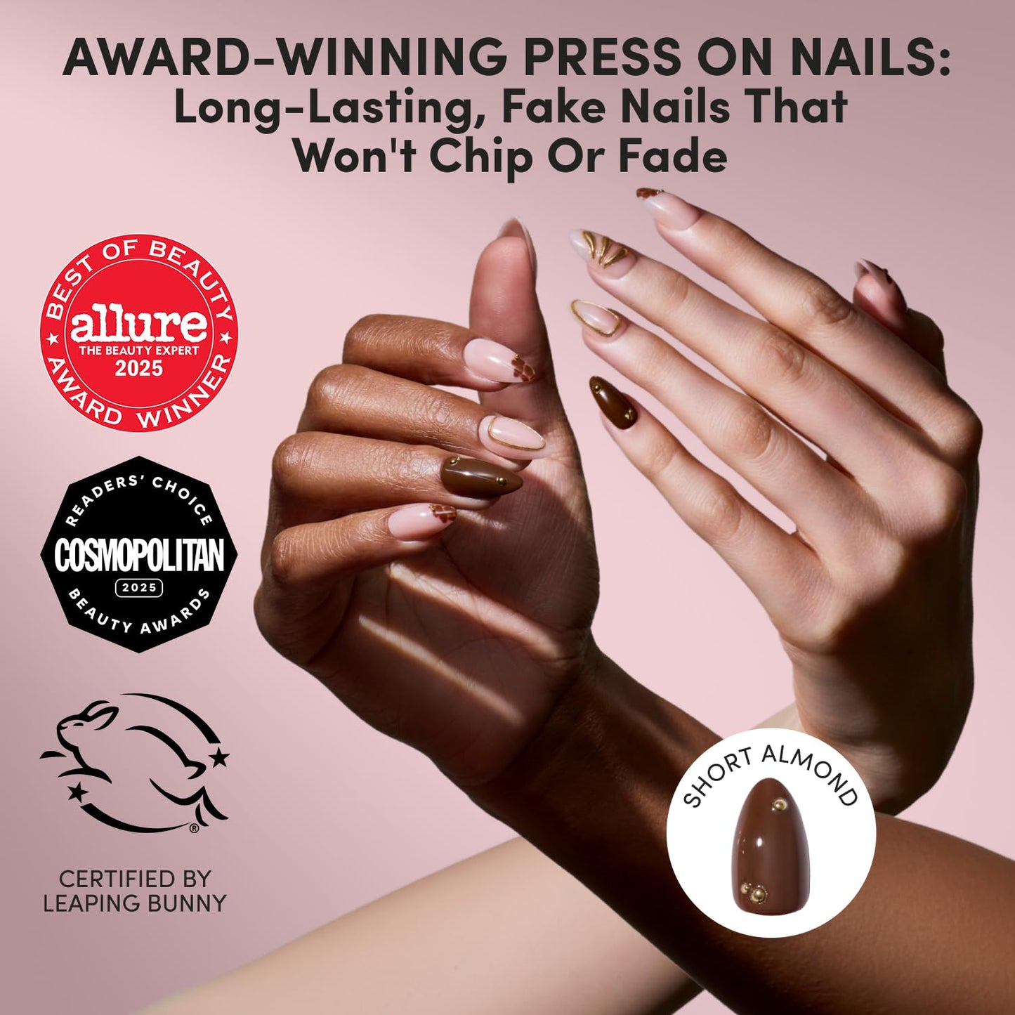 Glamnetic Press On Nails - Short Almond Fake Nails with Floral Designs, Gold Foil, Glossy Finish | Salon Quality Summer Nails | Sunbaked | 15 Sizes - 30 Nail Kit with Glue