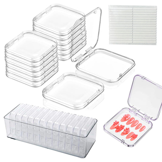 12Pcs Press on Nail Packaging Boxes, False Nail Container Organizer Clear Nail Display Case with 1 All-In-One Acrylic Storage Box and 30pcs Double-sided Adhesive Tape for Nail Art Salon Home Use