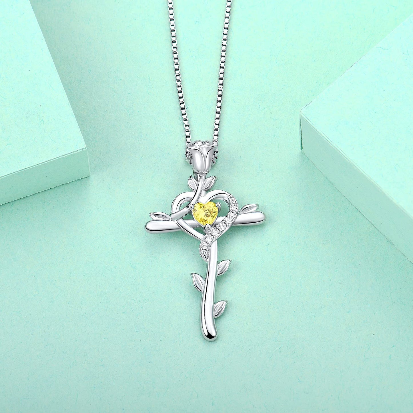 STARCHENIE Rose Cross Necklace 925 Sterling Silver Heart Crucifix Pendant Created Topaz Jewelry for Women