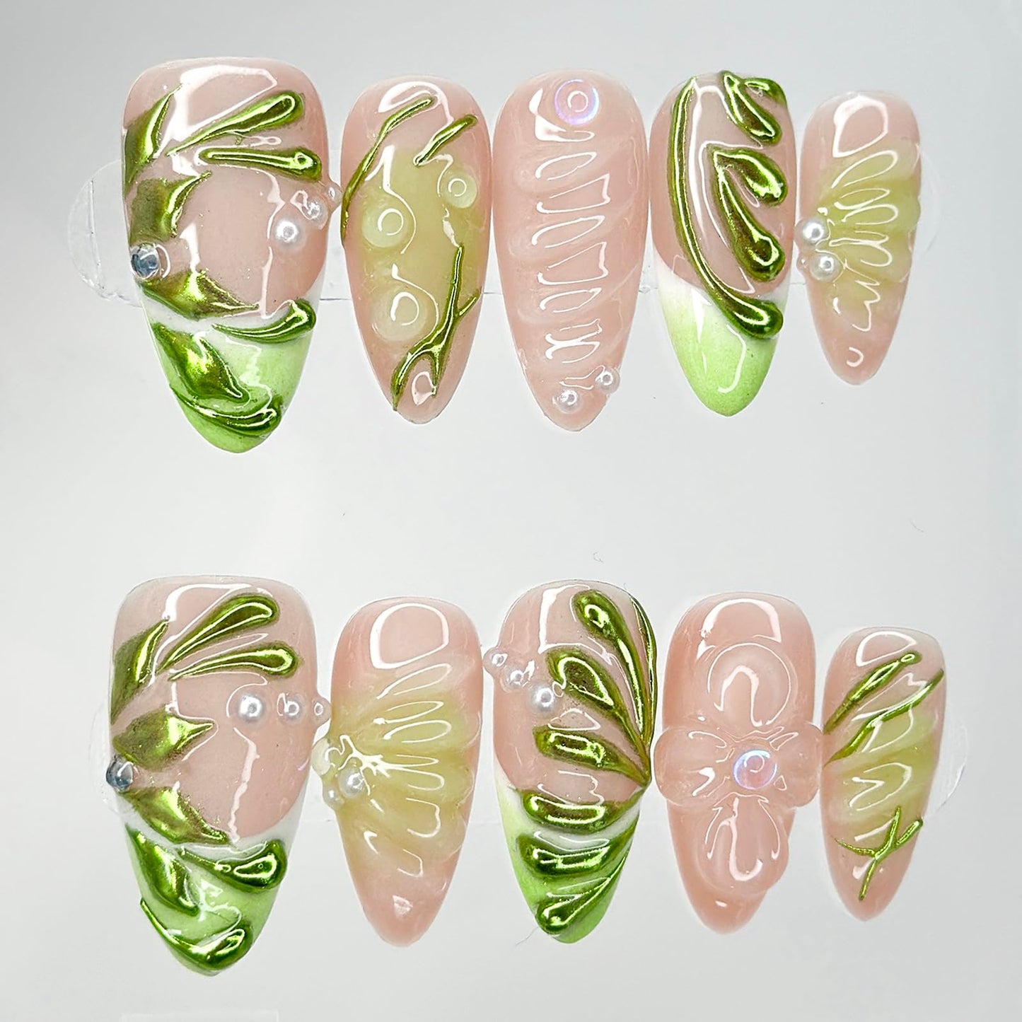 OFDNE Luxury Press On Nails Medium Almond Handmade 3D Unique Reusable ABS Material False Nails Green with Designs Pearls Floral Art Petal Glossy Glue on Nails Thick Acrylic Nails (10 Pieces, 1 Set)