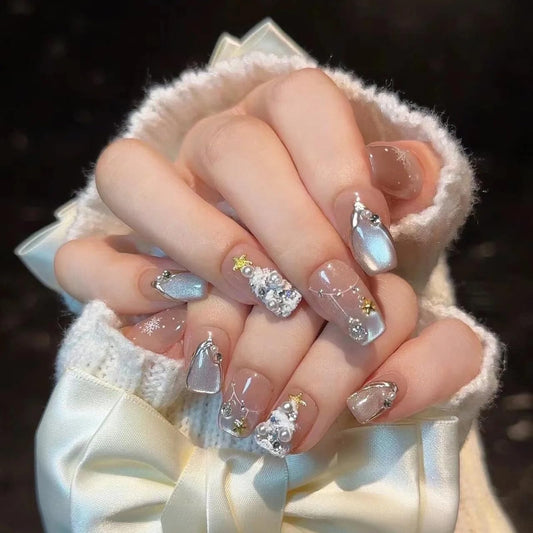Tesytto Cat Eye Press on Nails Handmade Short Square - Snowflake & Luxe Tree Light Design with 3D Pearl Gold Star, Winter False Nails for Women Girls (Holiday Cateye,S)
