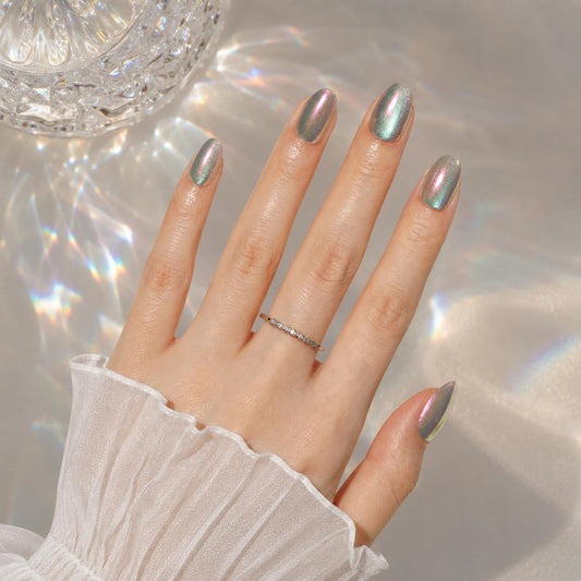 Lahuya Press On Nails - Aurora Pearl | Nail Artist Designed Short Oval Fake Nails with Iridescent Pearl Chrome Finish, Glossy Finish, Salon Quality | 15 Sizes - 30 Nail Kit with Glue