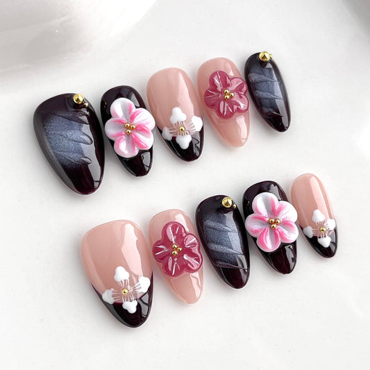Handmade Press on Nails Almond Short 3D Floral Nails French Tip Thick Acrylic Fake Nails Purple False Nails with Pink Flower Designs Elegant Sturdy Nail Art Press on Nails 10Pcs(S)