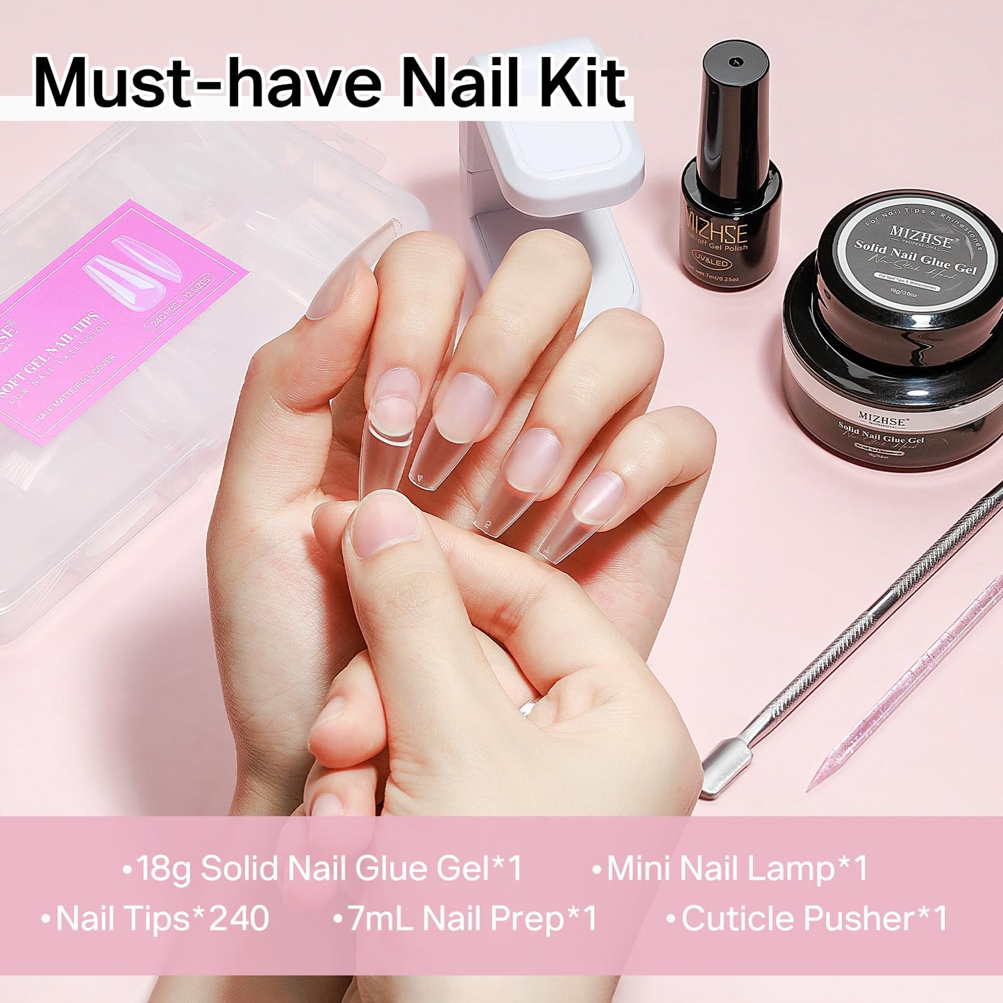 MIZHSE Gel Nail Kit Medium Coffin Gels Nail Tips, Solid Nails Glue Gel for Press On Nails with Portable U V Lamp 240Pcs 12 Sizes Half Matte Nail Tips Easy Nail Extension Set for Women