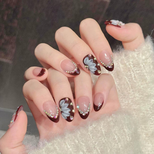 10Pcs Short Almond Handmade Press On Nails | Easy Apply & Remove, Reusable Salon Quality Nails | Elegant Burgundy French Tip Fake Nails with 3D Floral & Rhinestone Accents (RR04, XS)