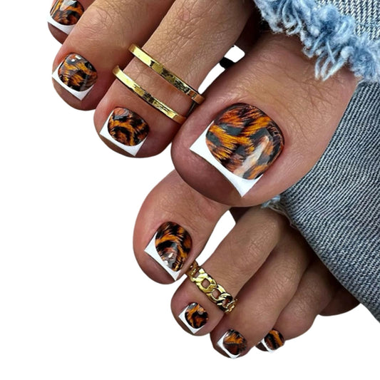 White French Leopard Print Press-On Toenails Short Square False Toenails Leopard Print Full Coverage Summer Shiny Acrylic Toenail Stickers Decorations for Women 24pcs