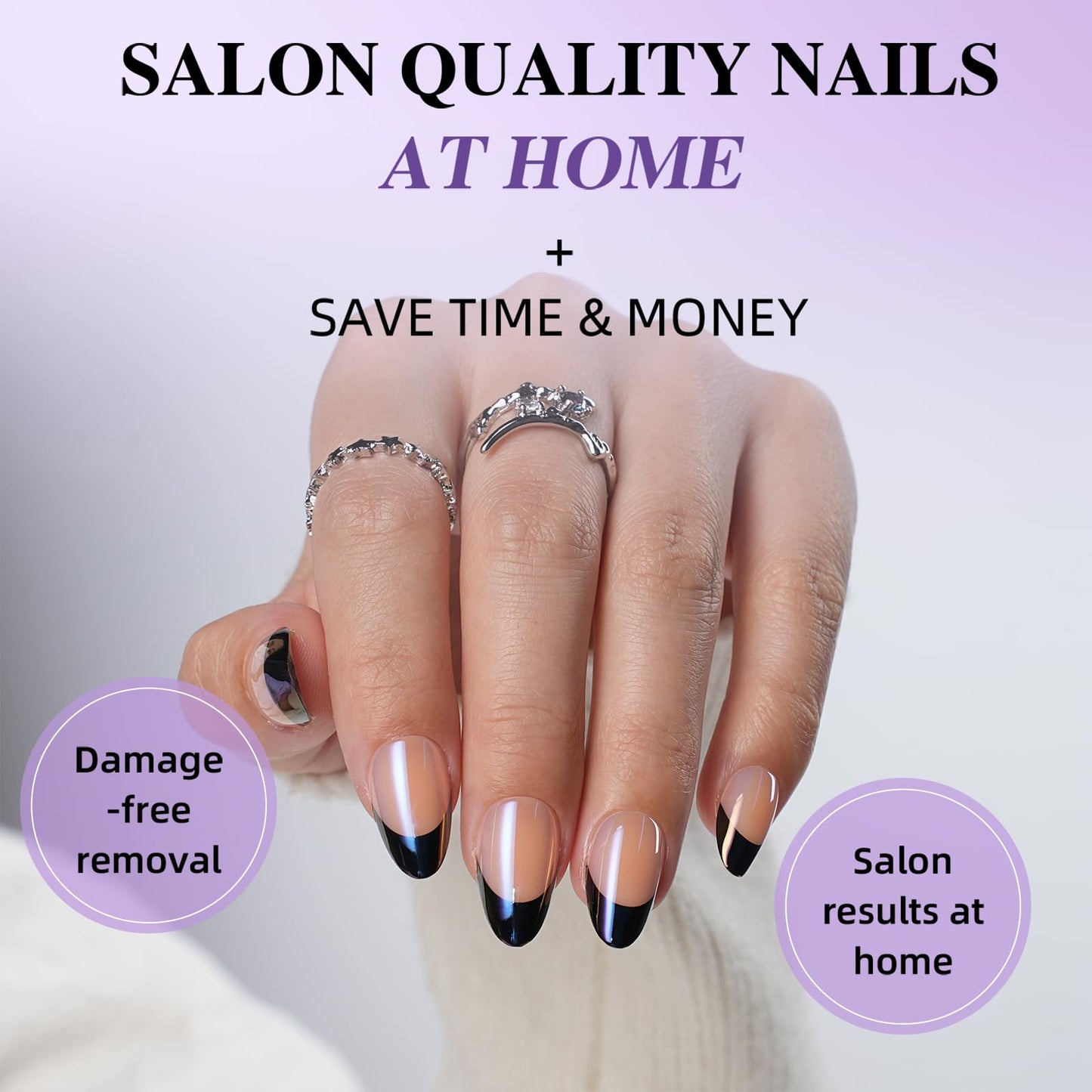 Chrome French Tip Press On Nails, Short Almond Glossy Blue Mirror Fake Nails, Reusable Nail Set with Glue for Women, 32pcs in 16 Sizes, Great for Everyday Wear