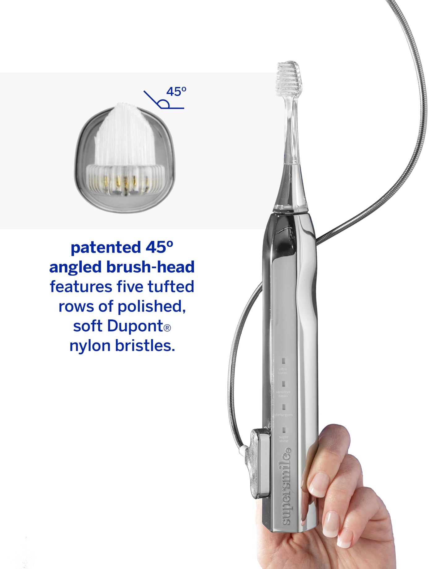 Supersmile Zina45™ Deluxe Sonic Pulse Toothbrush – Rechargeable Electric Brush with Angled Head & Travel Case – for Whiter Teeth and Healthier Gums, Silver