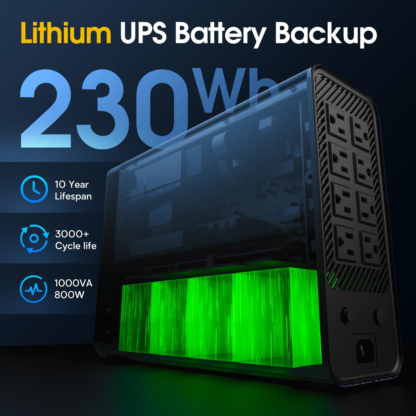 GOLDENMATE 1000VA/800W Lithium UPS Battery Backup and Surge Protector, Backup Battery Power Supply with LiFePO4 Batteries(230.4 Wh), Pure Sinewave UPS System, 8 Outlets, LCD Display, New Upgrade Ver