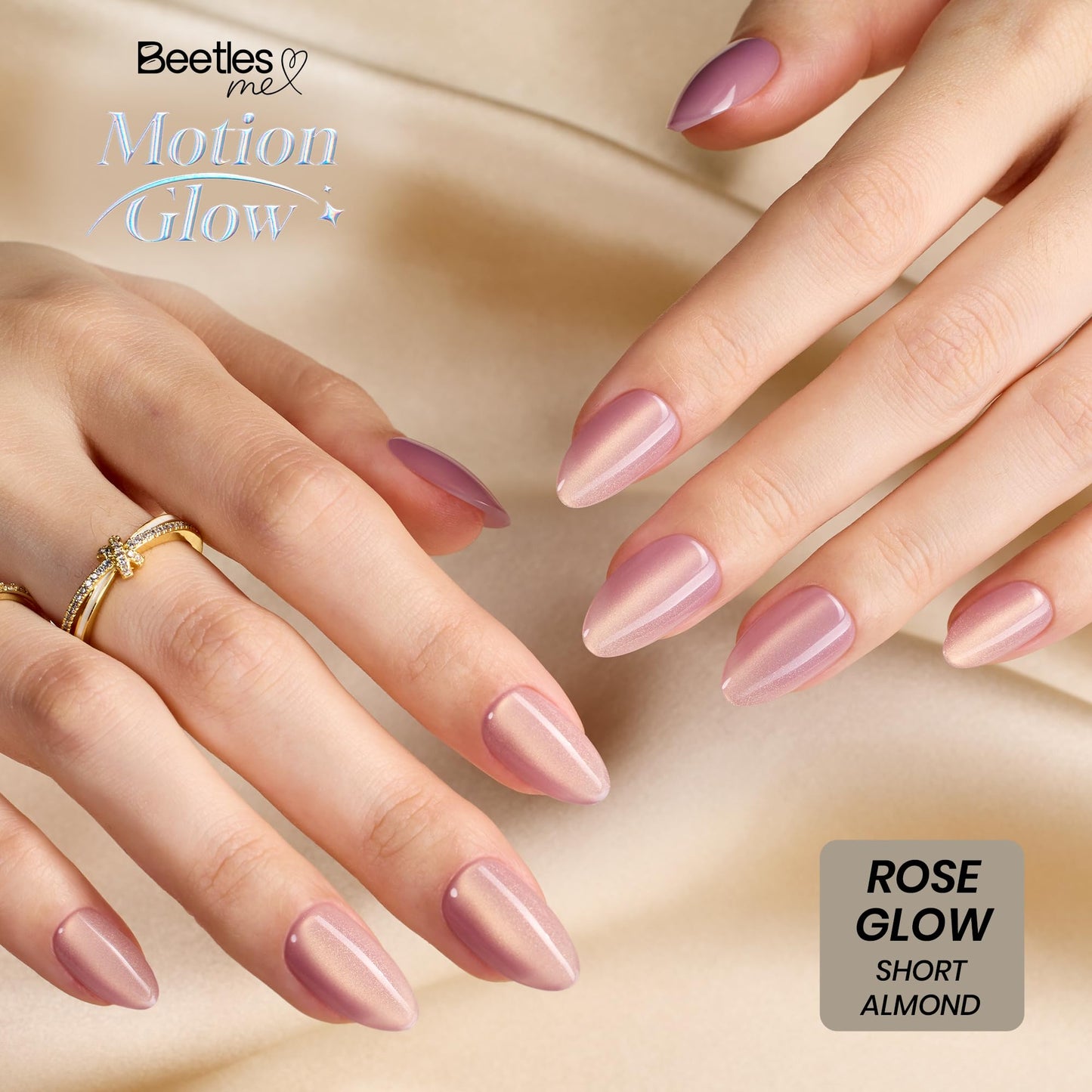 Beetles Motion Glow Cat Eye Press On, Short Almond Press On Nails Kit with Fast-Dry Nail Glue & Adhesive Tabs, 32pcs 16 Sizes, Girls Stick On Nails for Women Rose Glow