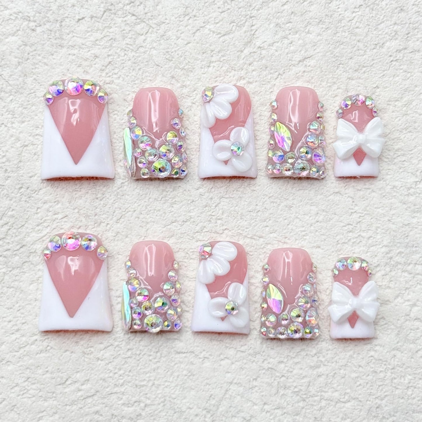 Handmade Press on Nails Rhinestones Press on Nails Short Duck Shaped Fake Nail White French Acrylic Nails Full Cover Reusable Flower False Nail for Women Girls Nail Accessories (Size S)
